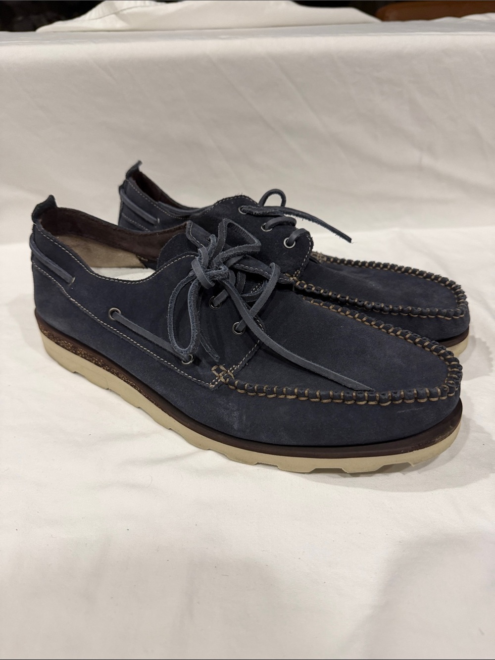 Clarks Navy Suede Moccasin-Lace Derby with Contrast Stitch